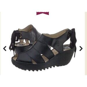 FLY London Yown Rug Black sandals Wedge Heel Platform Sz 37 Us 6.5 7 Leather